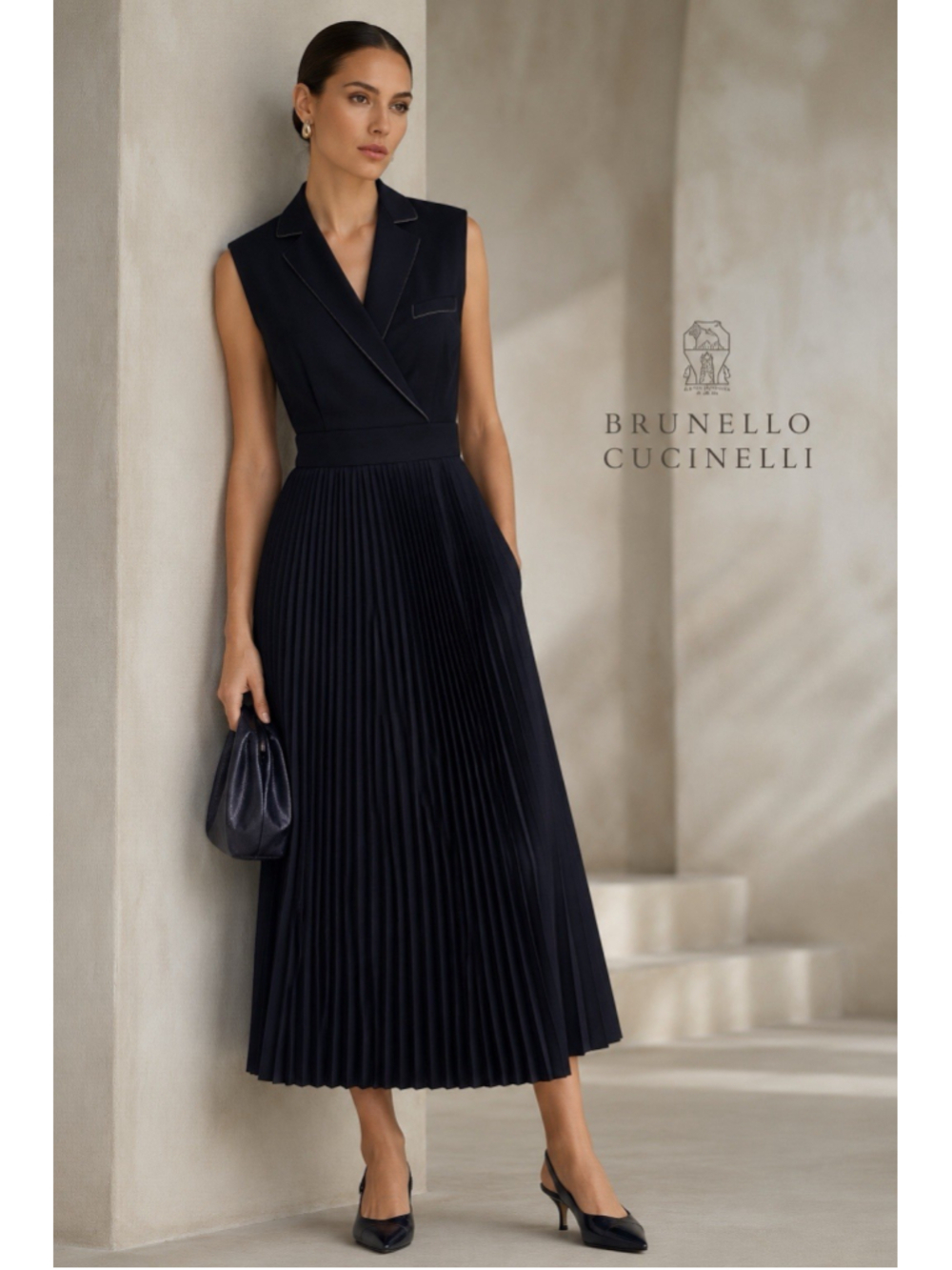 Brunello Cucinelli Sleeveless Pleated Collar Midi Dress XS Quiet Luxury Business